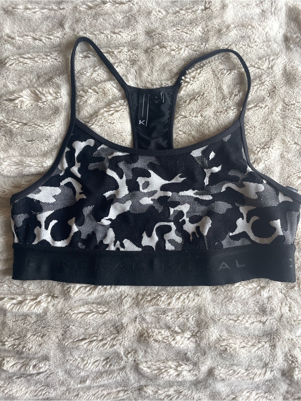 Koral Black & White Camo Mesh Racerback Sports Bra